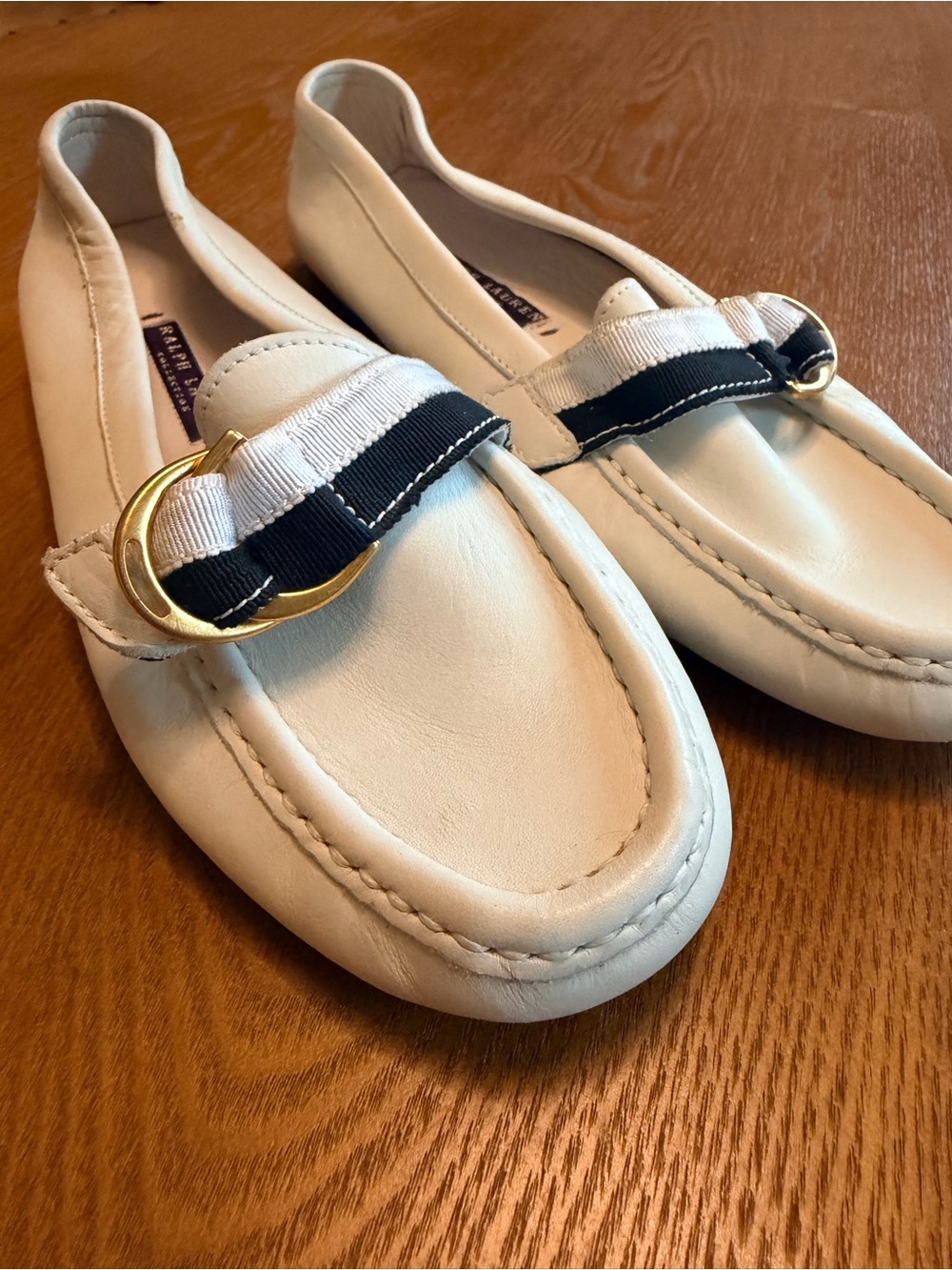 Ralph Lauren Cream Calf Leather Loafers with and Gold Buckle Accent